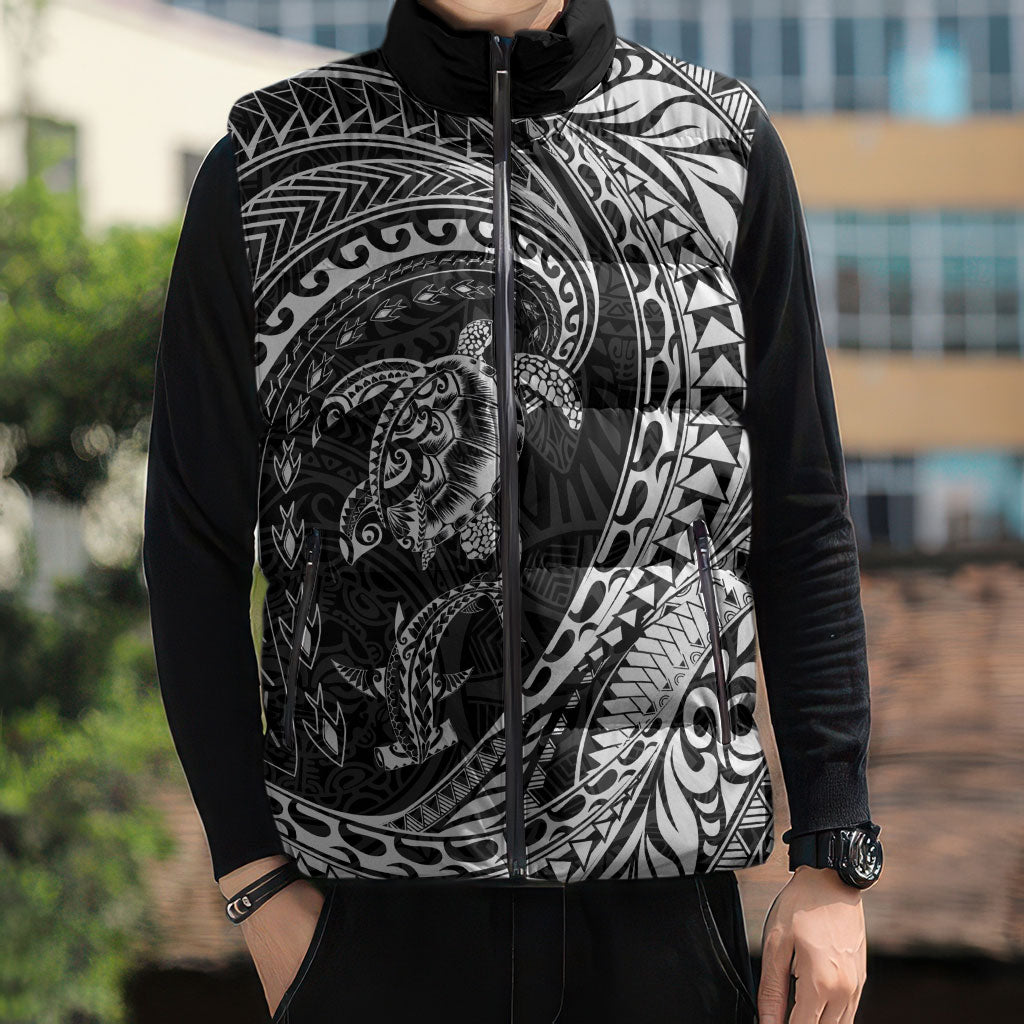 Hawaiian Turtle and Shark Sleeveless Puffer Jacket Kakau Tribal with Polynesian Pattern Black Color LT03 - Polynesian Pride