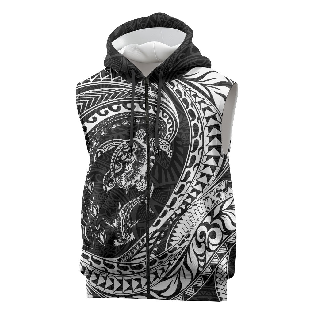 Hawaiian Turtle and Shark Sleeveless Zip Hoodie Kakau Tribal with Polynesian Pattern Black Color LT03 Black - Polynesian Pride