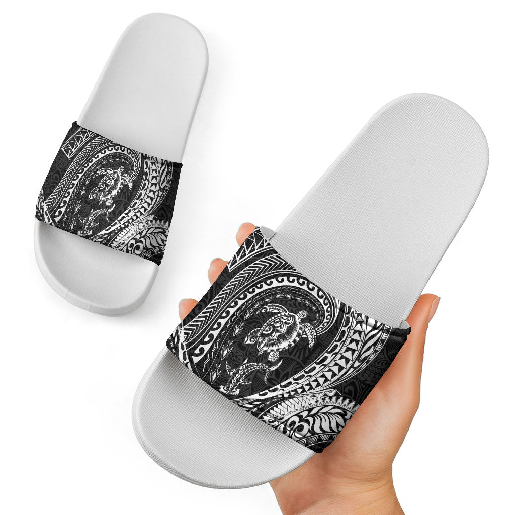Hawaiian Turtle and Shark Slide Sandals Kakau Tribal with Polynesian Pattern Black Color LT03 - Polynesian Pride