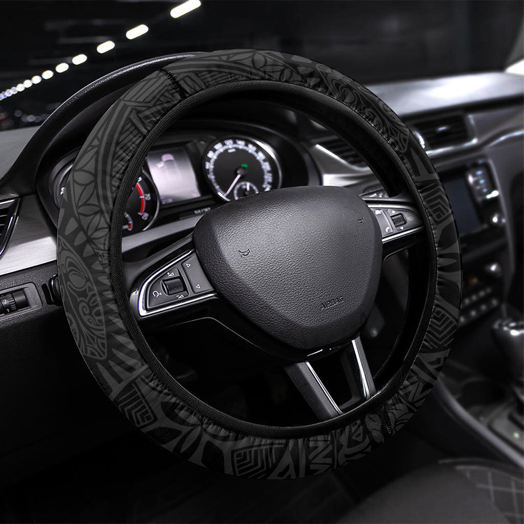 Hawaiian Turtle and Shark Steering Wheel Cover Kakau Tribal with Polynesian Pattern Black Color LT03 Universal Fit Black - Polynesian Pride
