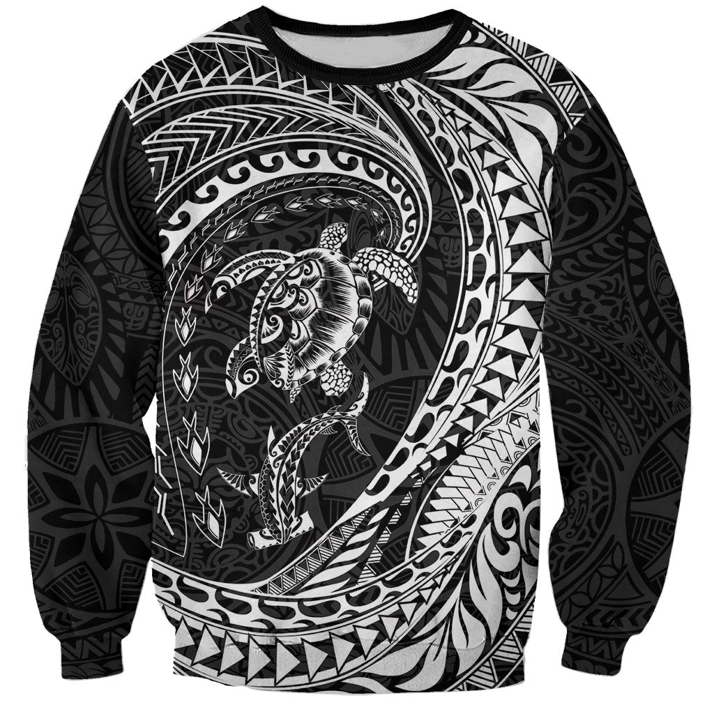 Hawaiian Turtle and Shark Sweatshirt Kakau Tribal with Polynesian Pattern Black Color LT03 Unisex Black - Polynesian Pride