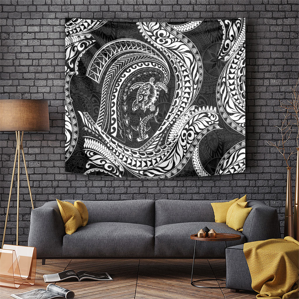 Hawaiian Turtle and Shark Tapestry Kakau Tribal with Polynesian Pattern Black Color LT03 Black - Polynesian Pride