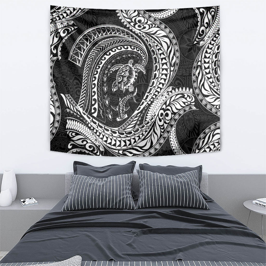 Hawaiian Turtle and Shark Tapestry Kakau Tribal with Polynesian Pattern Black Color LT03 - Polynesian Pride