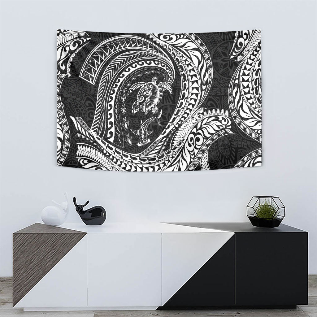Hawaiian Turtle and Shark Tapestry Kakau Tribal with Polynesian Pattern Black Color LT03 - Polynesian Pride