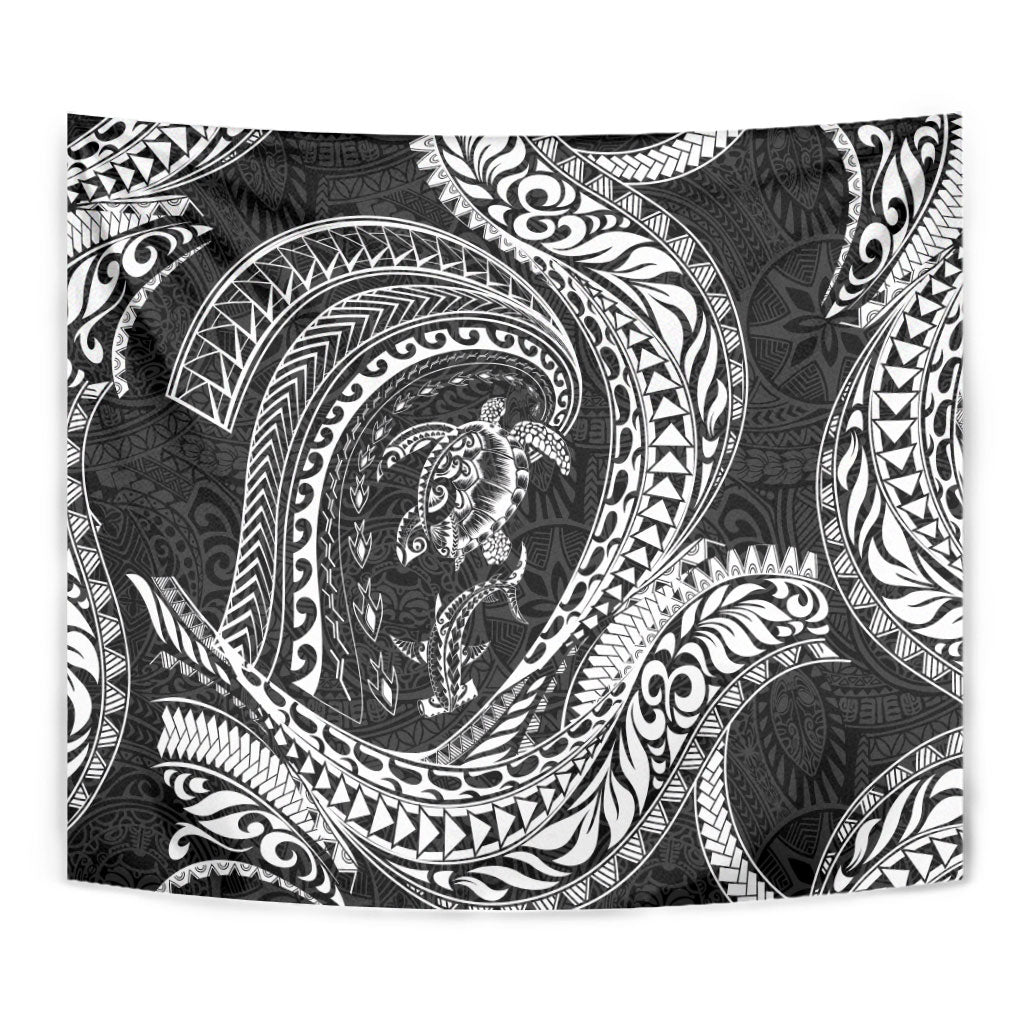 Hawaiian Turtle and Shark Tapestry Kakau Tribal with Polynesian Pattern Black Color LT03 - Polynesian Pride