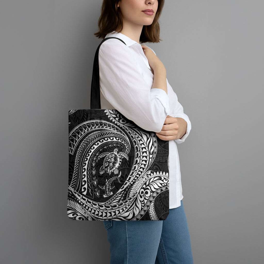 Hawaiian Turtle and Shark Tote Bag Kakau Tribal with Polynesian Pattern Black Color LT03 - Polynesian Pride