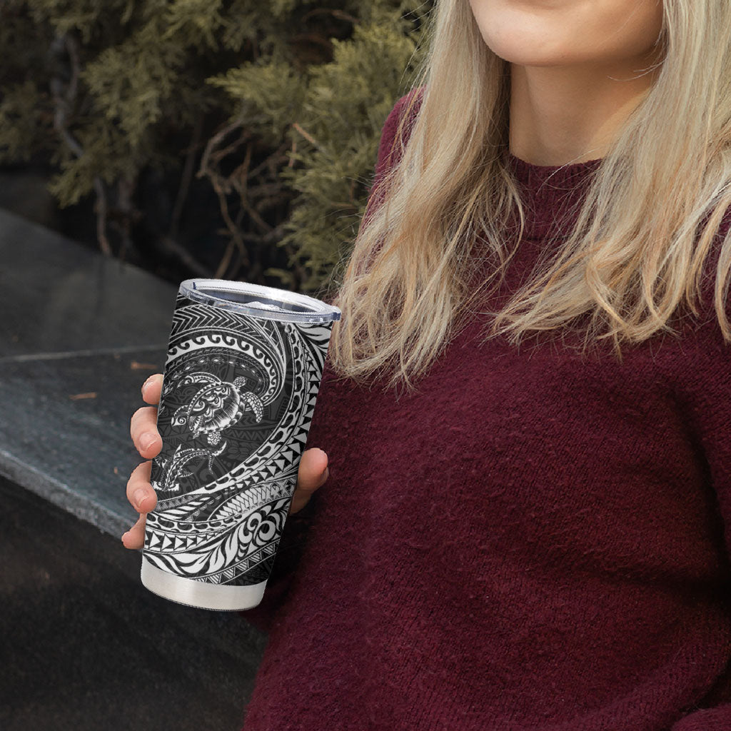 Hawaiian Turtle and Shark Tumbler Cup Kakau Tribal with Polynesian Pattern Black Color LT03 - Polynesian Pride