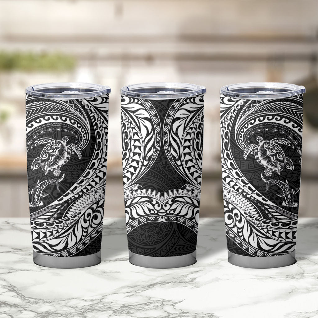 Hawaiian Turtle and Shark Tumbler Cup Kakau Tribal with Polynesian Pattern Black Color LT03 - Polynesian Pride