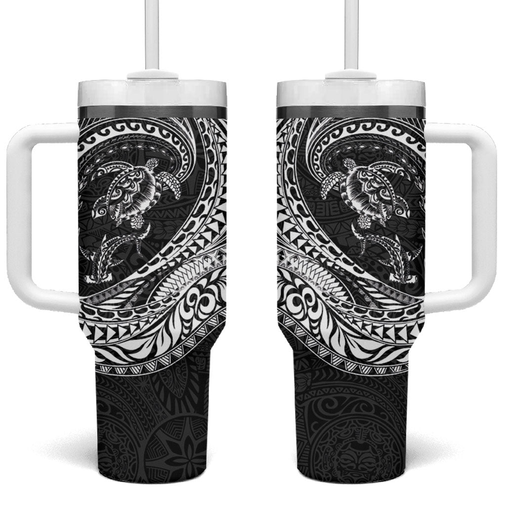 Hawaiian Turtle and Shark Tumbler With Handle Kakau Tribal with Polynesian Pattern Black Color LT03 One Size: 40 oz Black - Polynesian Pride