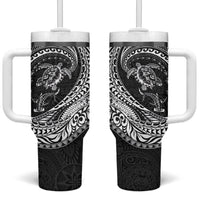 Hawaiian Turtle and Shark Tumbler With Handle Kakau Tribal with Polynesian Pattern Black Color LT03 One Size: 40 oz Black - Polynesian Pride