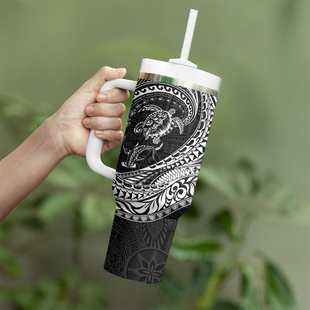 Hawaiian Turtle and Shark Tumbler With Handle Kakau Tribal with Polynesian Pattern Black Color LT03 - Polynesian Pride