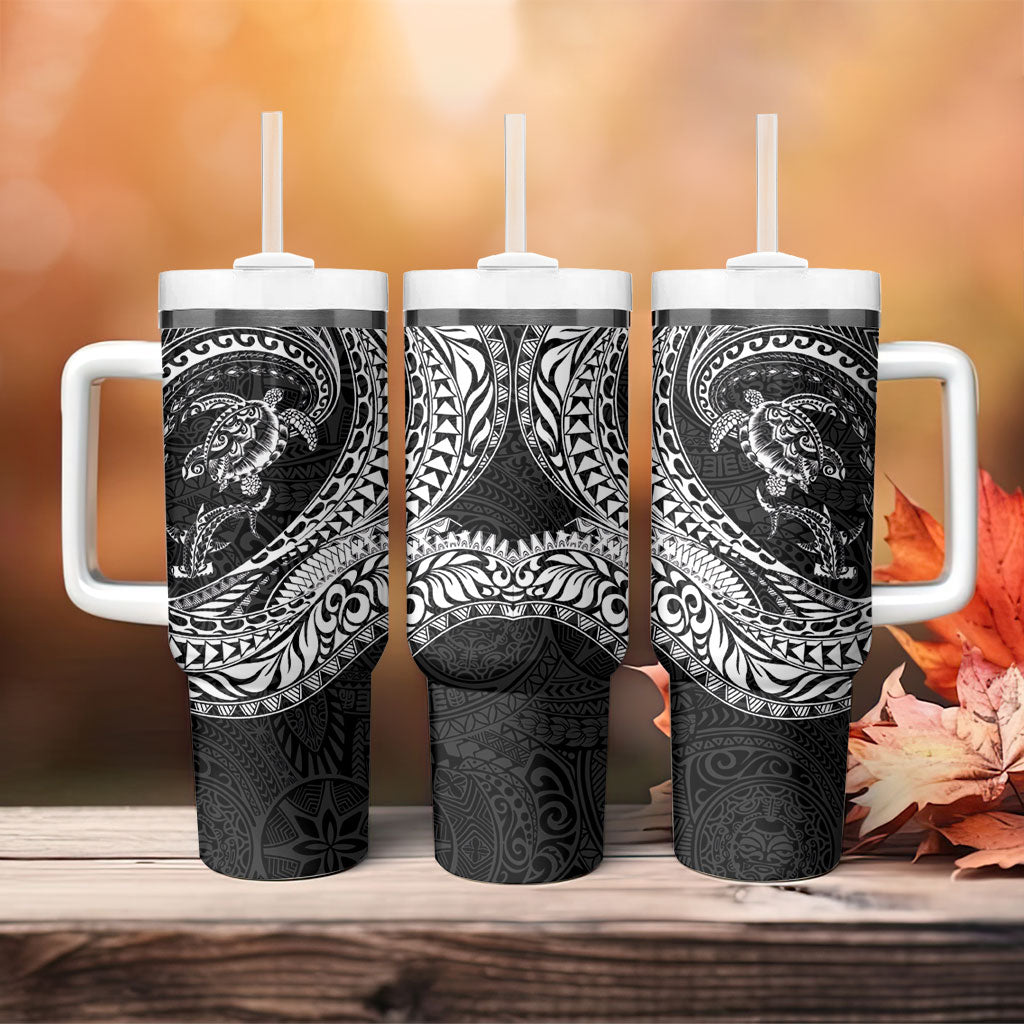 Hawaiian Turtle and Shark Tumbler With Handle Kakau Tribal with Polynesian Pattern Black Color LT03 - Polynesian Pride