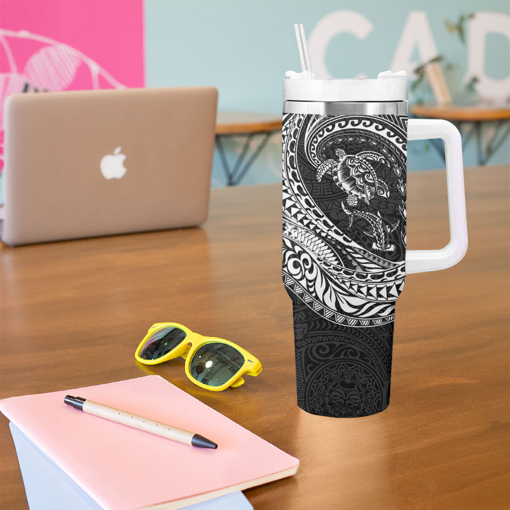 Hawaiian Turtle and Shark Tumbler With Handle Kakau Tribal with Polynesian Pattern Black Color LT03 - Polynesian Pride