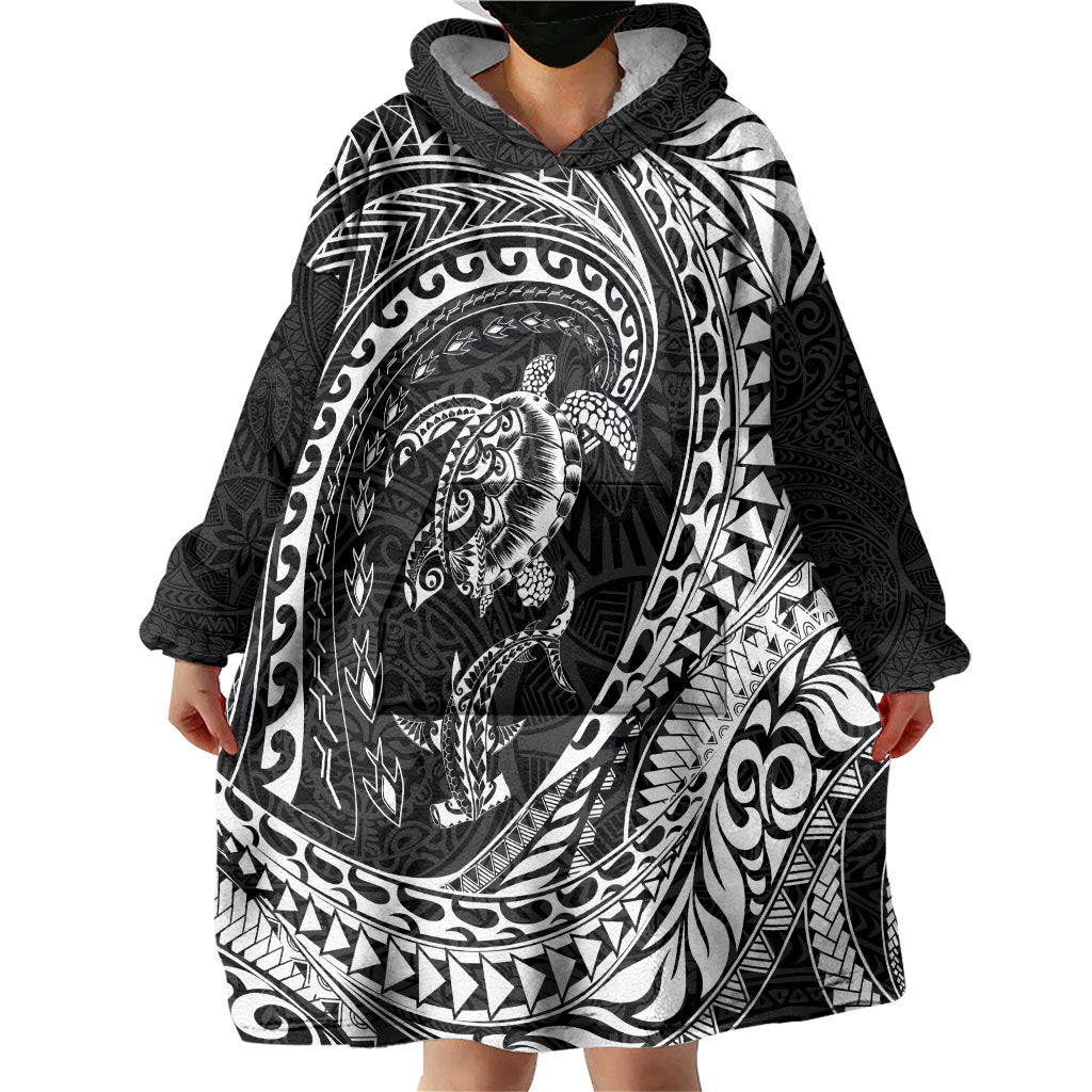 Hawaiian Turtle and Shark Wearable Blanket Hoodie Kakau Tribal with Polynesian Pattern Black Color LT03 - Polynesian Pride