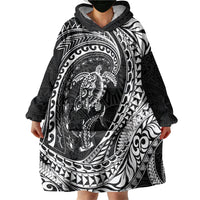 Hawaiian Turtle and Shark Wearable Blanket Hoodie Kakau Tribal with Polynesian Pattern Black Color LT03 - Polynesian Pride
