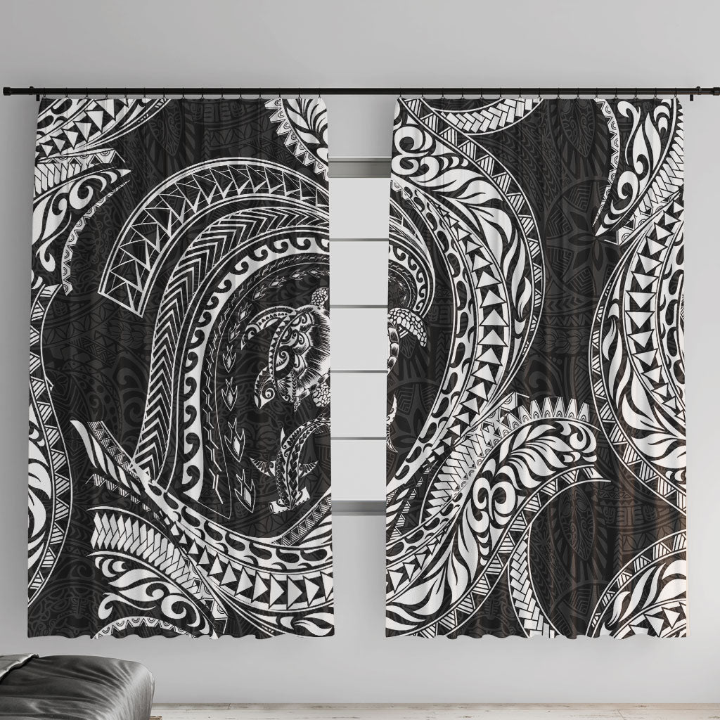 Hawaiian Turtle and Shark Window Curtain Kakau Tribal with Polynesian Pattern Black Color LT03 With Hooks Black - Polynesian Pride