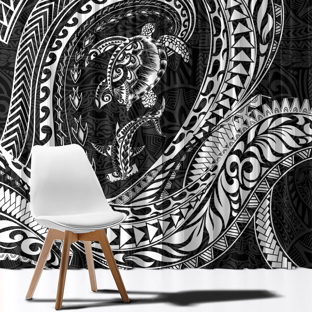 Hawaiian Turtle and Shark Window Curtain Kakau Tribal with Polynesian Pattern Black Color LT03 - Polynesian Pride