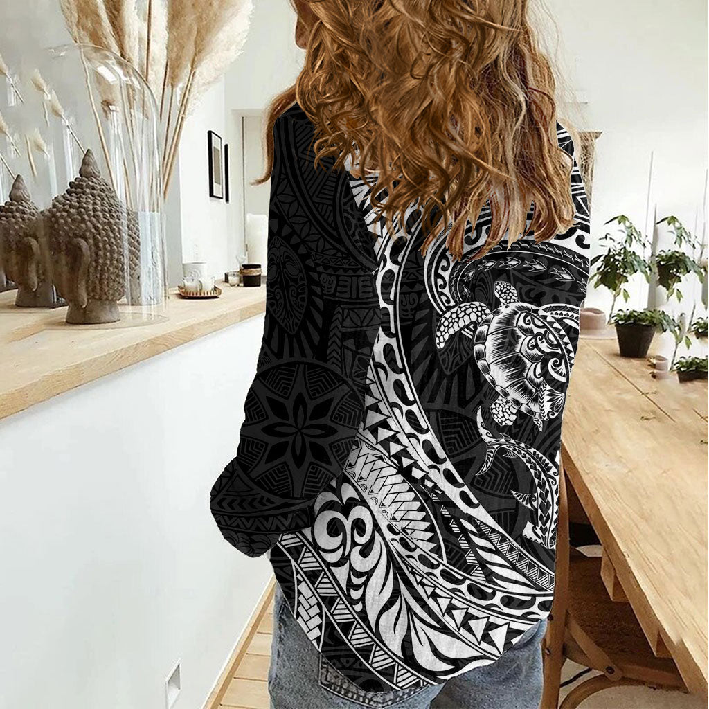 Hawaiian Turtle and Shark Women Casual Shirt Kakau Tribal with Polynesian Pattern Black Color LT03 - Polynesian Pride