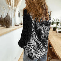 Hawaiian Turtle and Shark Women Casual Shirt Kakau Tribal with Polynesian Pattern Black Color LT03 - Polynesian Pride
