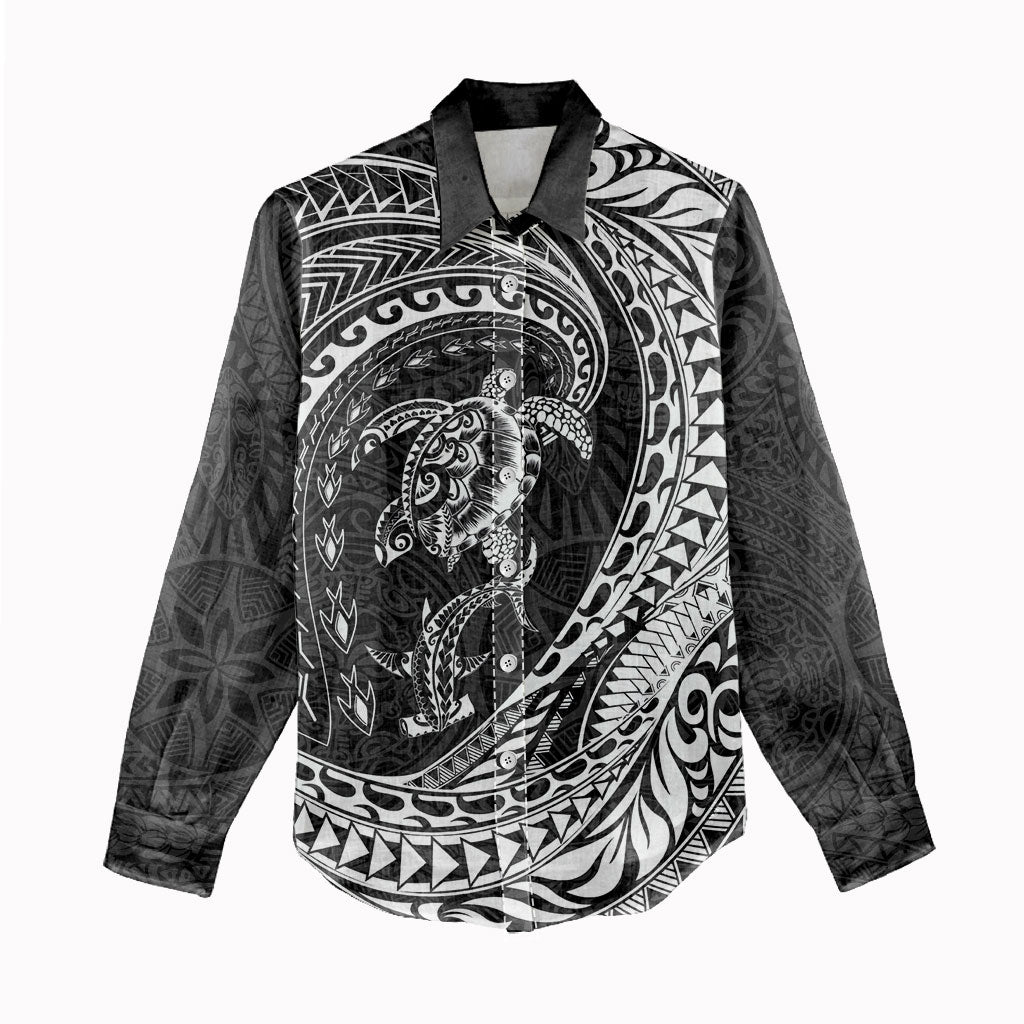 Hawaiian Turtle and Shark Women Casual Shirt Kakau Tribal with Polynesian Pattern Black Color LT03 - Polynesian Pride