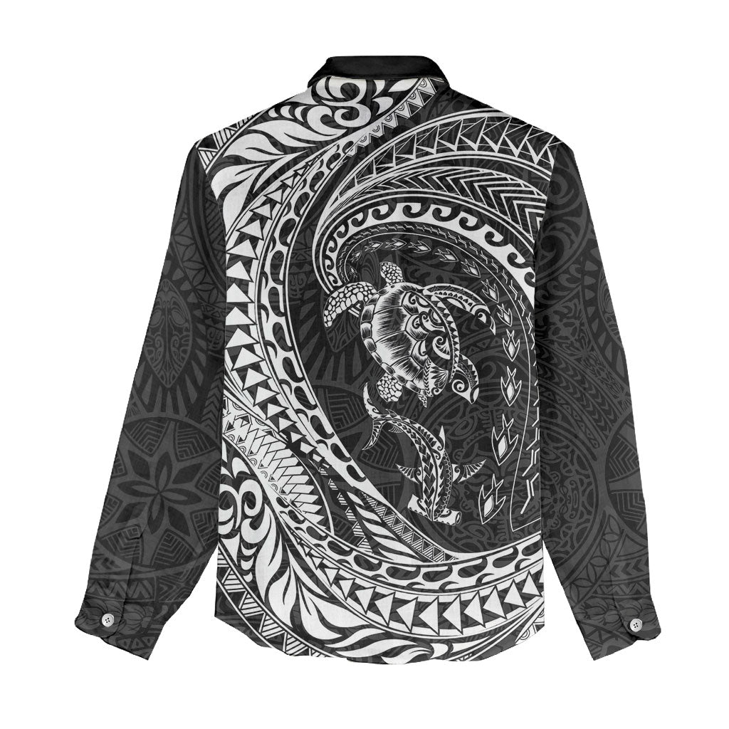 Hawaiian Turtle and Shark Women Casual Shirt Kakau Tribal with Polynesian Pattern Black Color LT03 - Polynesian Pride