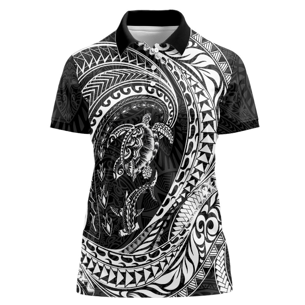 Hawaiian Turtle and Shark Women Polo Shirt Kakau Tribal with Polynesian Pattern Black Color LT03 Female Black - Polynesian Pride
