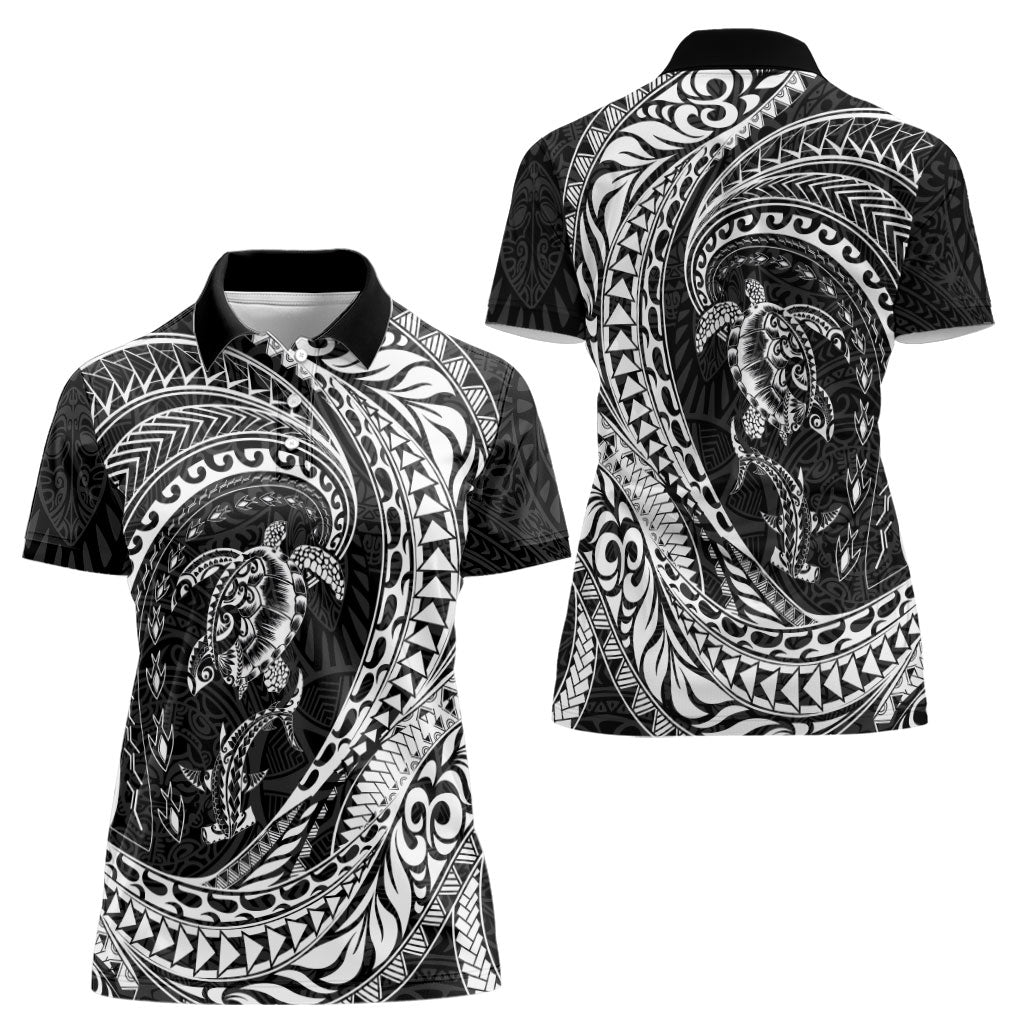 Hawaiian Turtle and Shark Women Polo Shirt Kakau Tribal with Polynesian Pattern Black Color LT03 - Polynesian Pride
