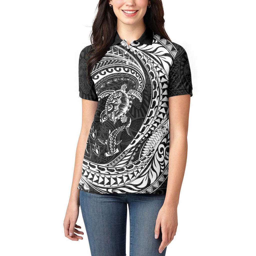 Hawaiian Turtle and Shark Women Polo Shirt Kakau Tribal with Polynesian Pattern Black Color LT03 - Polynesian Pride