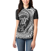Hawaiian Turtle and Shark Women Polo Shirt Kakau Tribal with Polynesian Pattern Black Color LT03 - Polynesian Pride