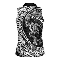 Hawaiian Turtle and Shark Women Sleeveless Polo Shirt Kakau Tribal with Polynesian Pattern Black Color LT03 - Polynesian Pride