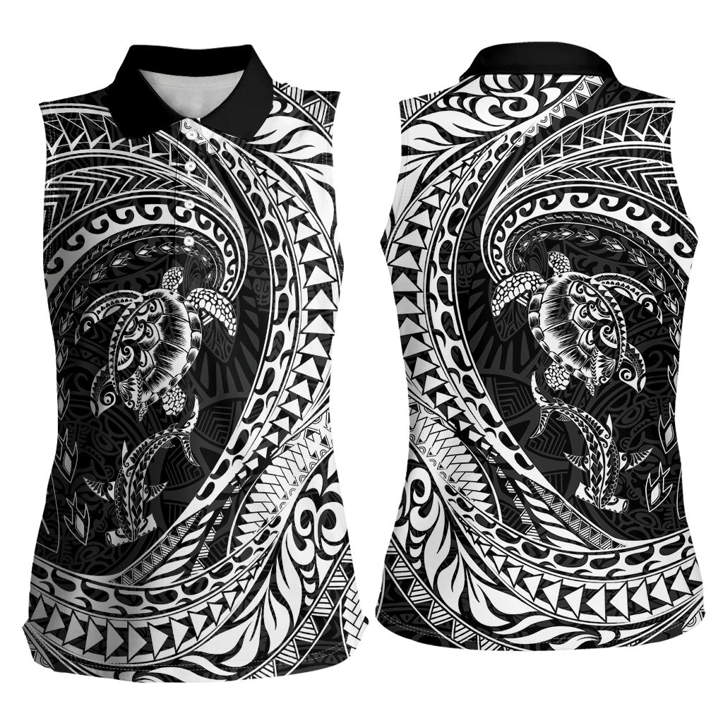 Hawaiian Turtle and Shark Women Sleeveless Polo Shirt Kakau Tribal with Polynesian Pattern Black Color LT03 - Polynesian Pride