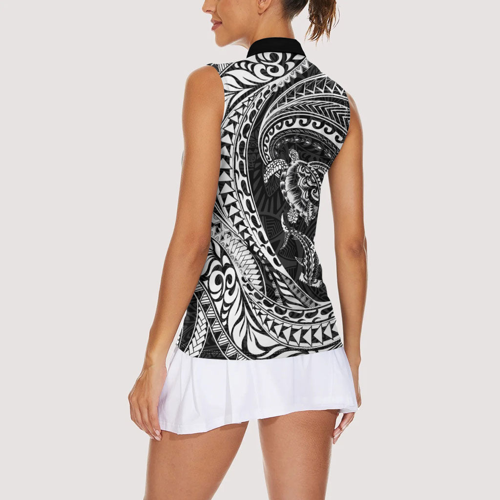 Hawaiian Turtle and Shark Women Sleeveless Polo Shirt Kakau Tribal with Polynesian Pattern Black Color LT03 - Polynesian Pride