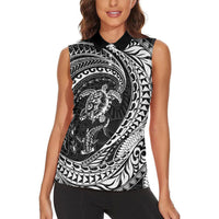 Hawaiian Turtle and Shark Women Sleeveless Polo Shirt Kakau Tribal with Polynesian Pattern Black Color LT03 - Polynesian Pride