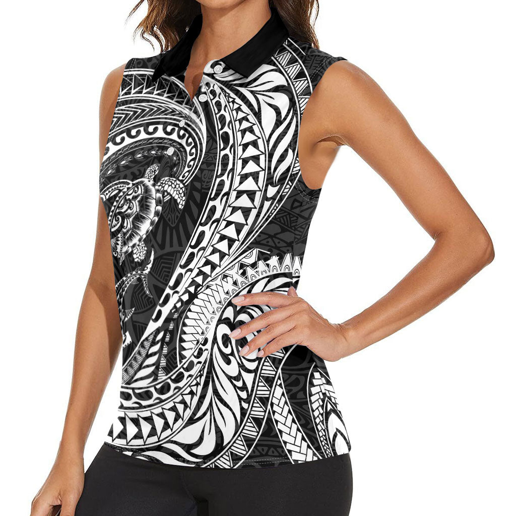 Hawaiian Turtle and Shark Women Sleeveless Polo Shirt Kakau Tribal with Polynesian Pattern Black Color LT03 - Polynesian Pride