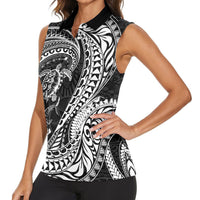 Hawaiian Turtle and Shark Women Sleeveless Polo Shirt Kakau Tribal with Polynesian Pattern Black Color LT03 - Polynesian Pride