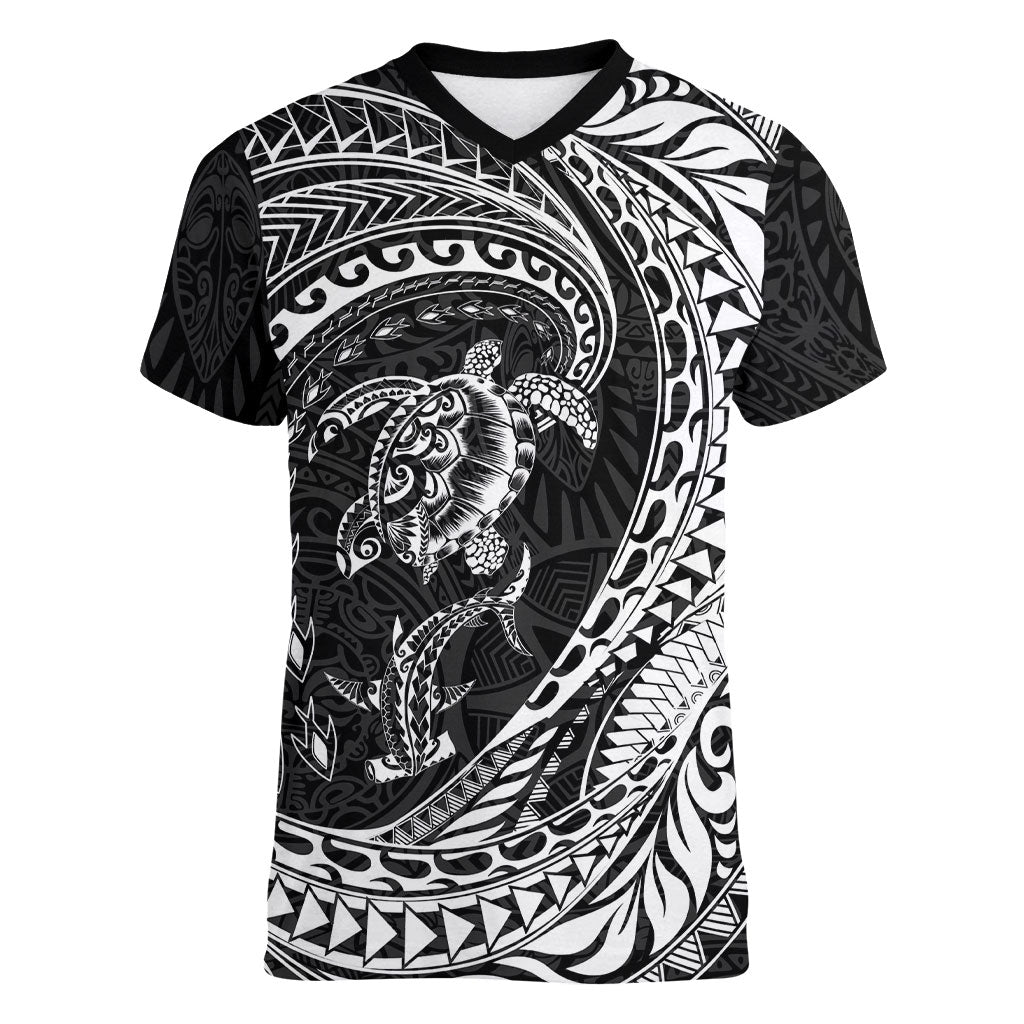 Hawaiian Turtle and Shark Women V-Neck T-Shirt Kakau Tribal with Polynesian Pattern Black Color LT03 Female Black - Polynesian Pride