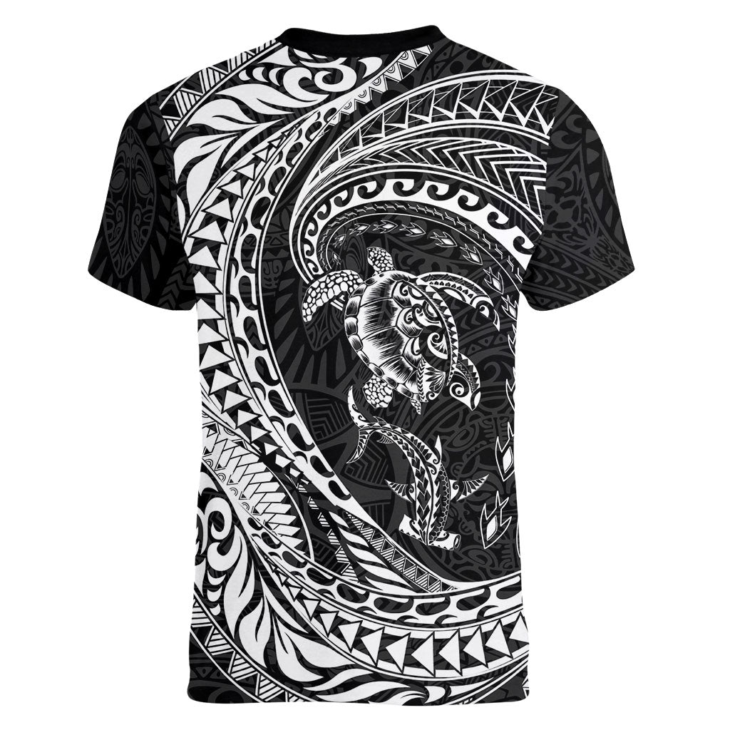 Hawaiian Turtle and Shark Women V-Neck T-Shirt Kakau Tribal with Polynesian Pattern Black Color LT03 - Polynesian Pride