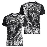 Hawaiian Turtle and Shark Women V-Neck T-Shirt Kakau Tribal with Polynesian Pattern Black Color LT03 - Polynesian Pride