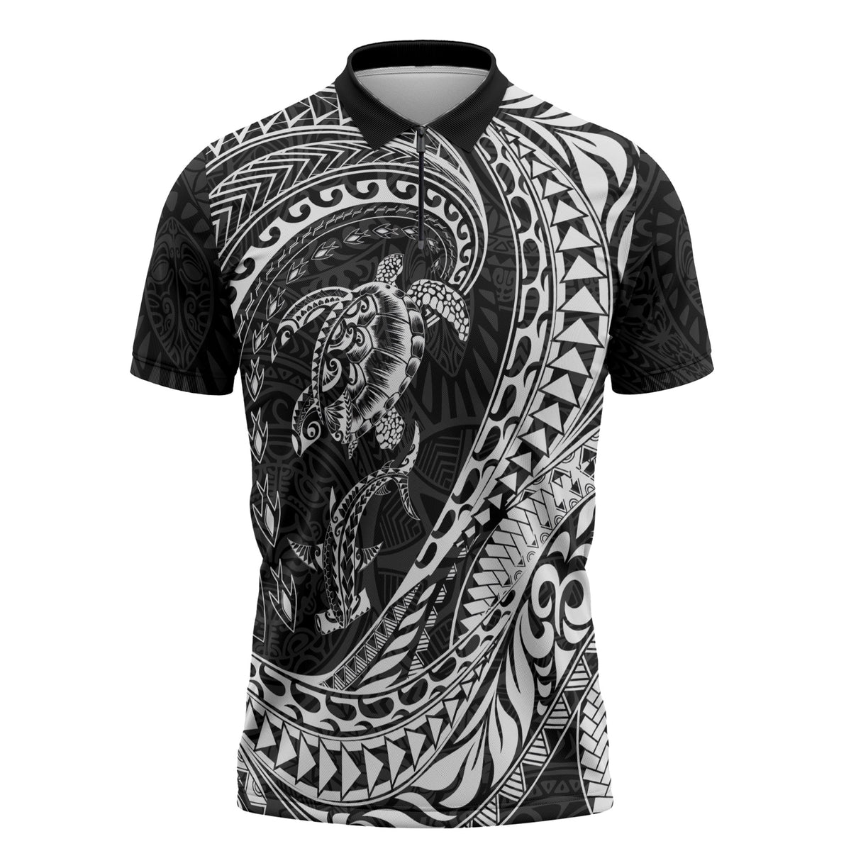 Hawaiian Turtle and Shark Zipper Polo Shirt Kakau Tribal with Polynesian Pattern Black Color LT03 Black - Polynesian Pride