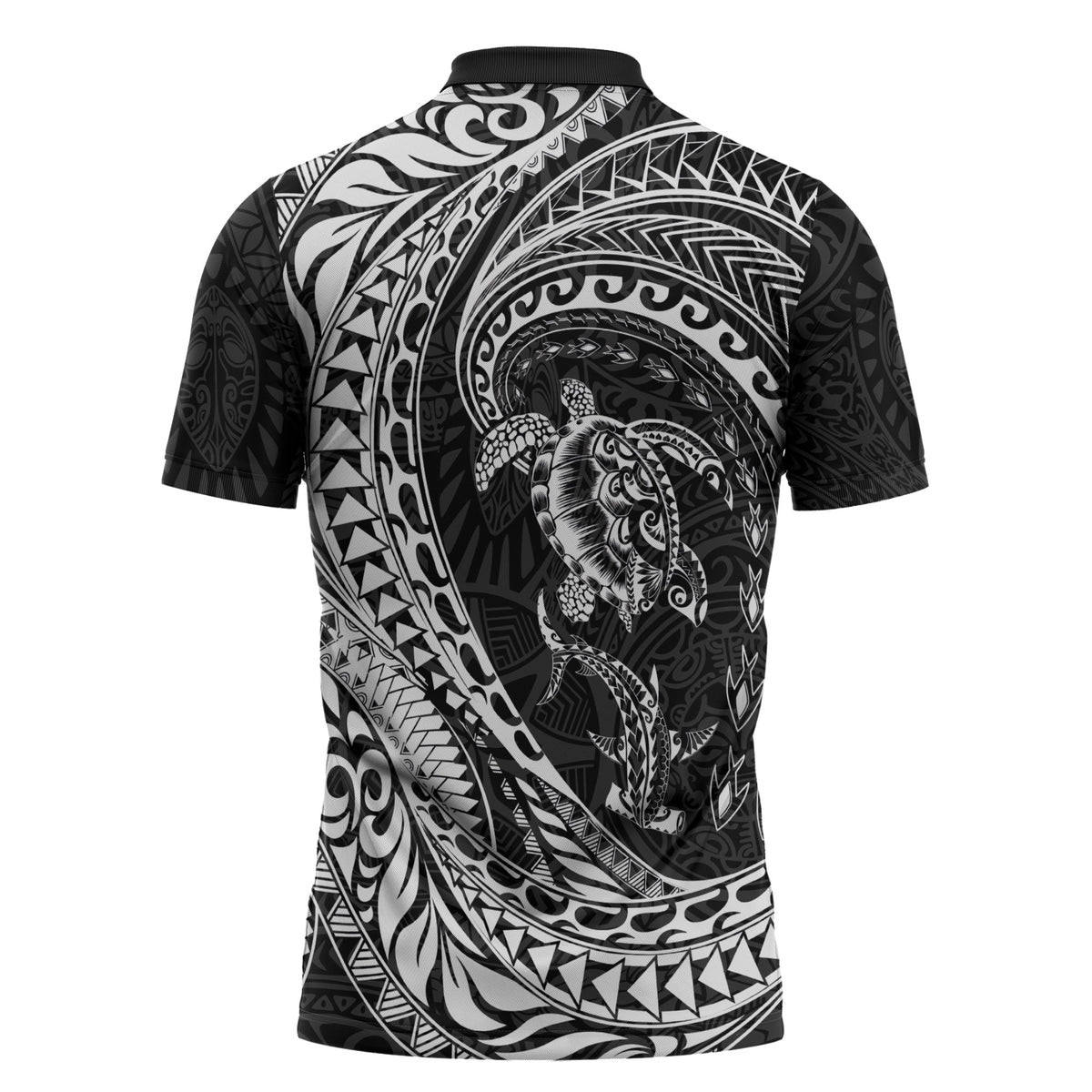 Hawaiian Turtle and Shark Zipper Polo Shirt Kakau Tribal with Polynesian Pattern Black Color LT03 - Polynesian Pride