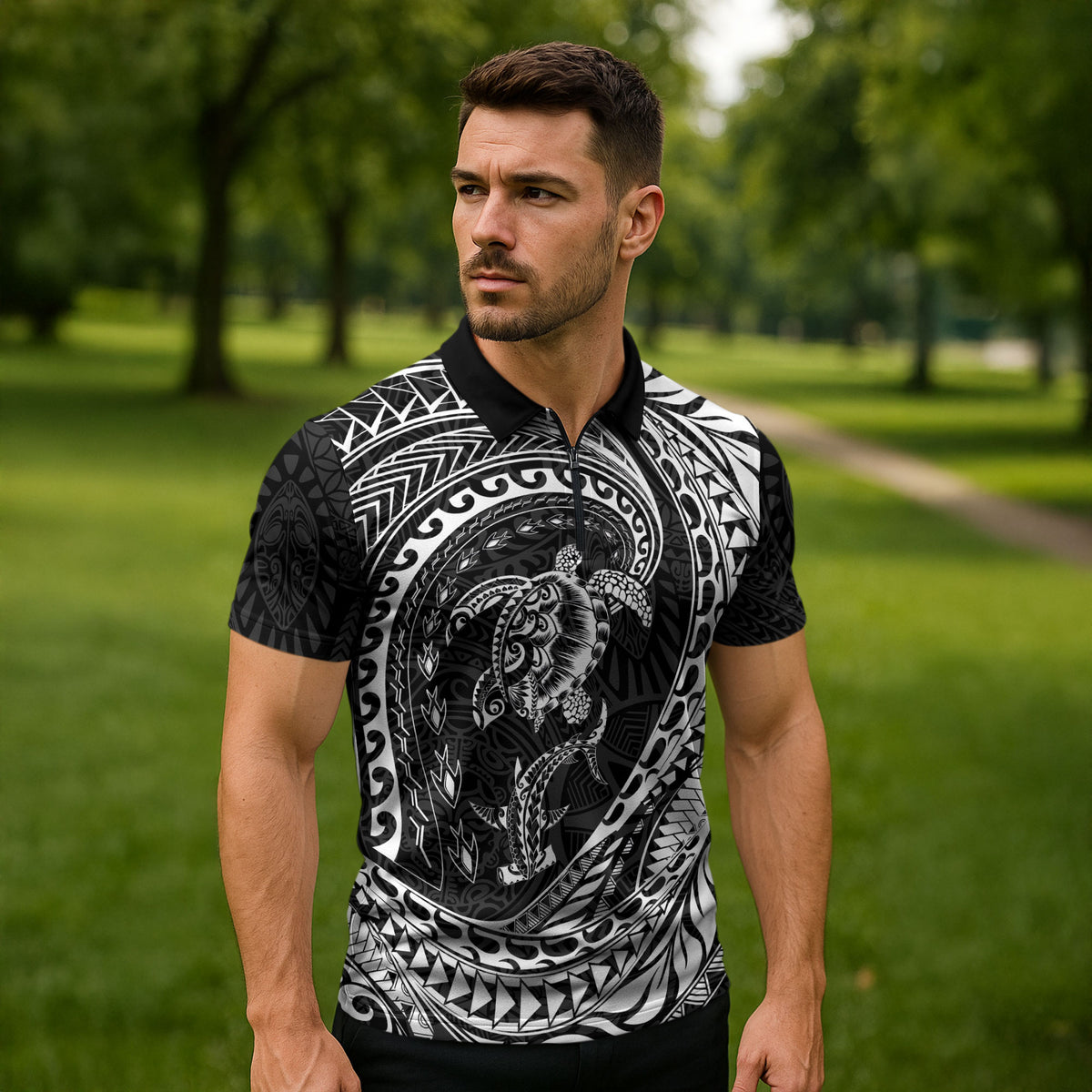 Hawaiian Turtle and Shark Zipper Polo Shirt Kakau Tribal with Polynesian Pattern Black Color LT03 - Polynesian Pride