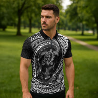 Hawaiian Turtle and Shark Zipper Polo Shirt Kakau Tribal with Polynesian Pattern Black Color LT03 - Polynesian Pride