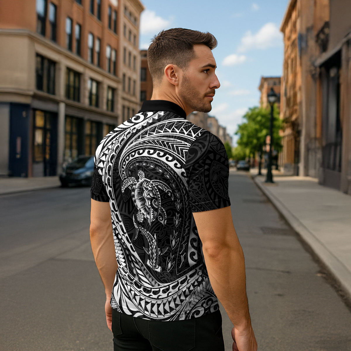 Hawaiian Turtle and Shark Zipper Polo Shirt Kakau Tribal with Polynesian Pattern Black Color LT03 - Polynesian Pride