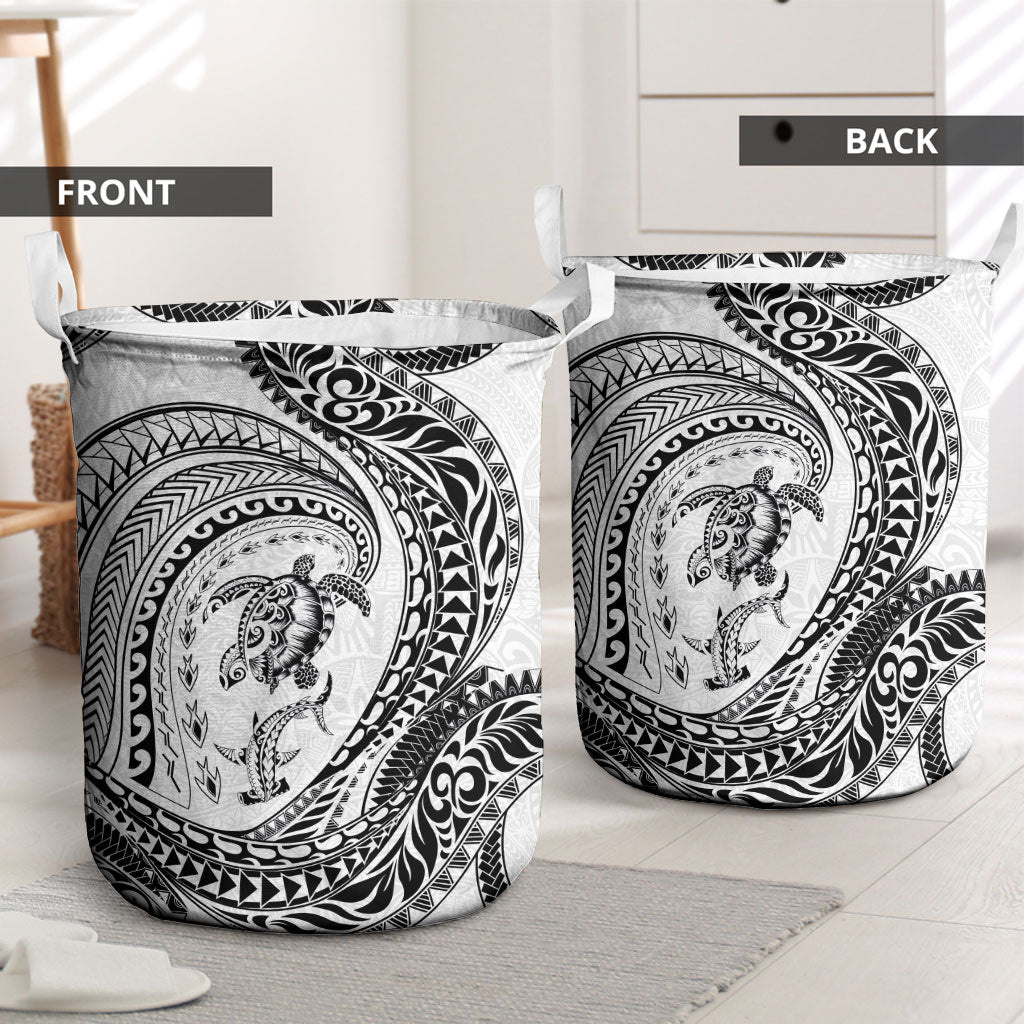 Hawaiian Turtle and Shark Laundry Basket Kakau Tribal with Polynesian Pattern White Color LT03 - Polynesian Pride