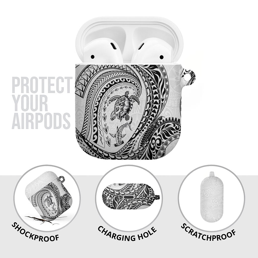 Hawaiian Turtle and Shark AirPods Case Kakau Tribal with Polynesian Pattern White Color LT03 - Polynesian Pride