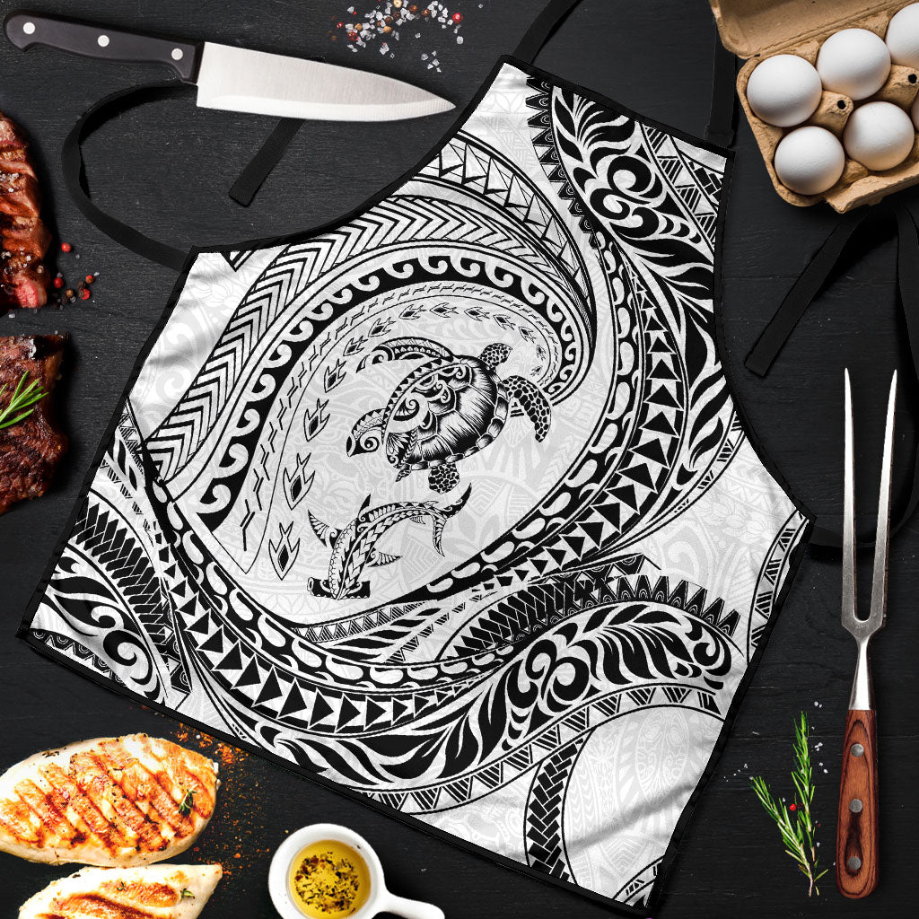 Hawaiian Turtle and Shark Apron Kakau Tribal with Polynesian Pattern White Color LT03 White - Polynesian Pride