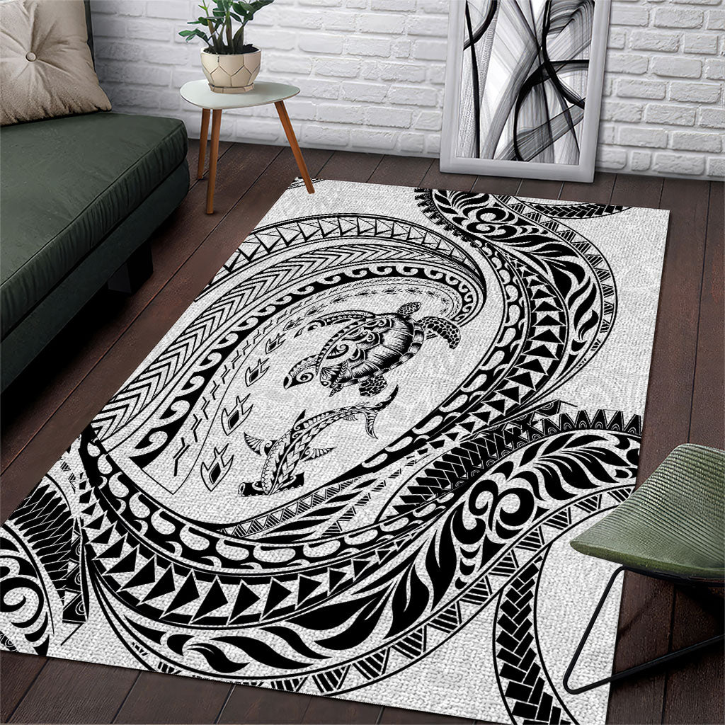 Hawaiian Turtle and Shark Area Rug Kakau Tribal with Polynesian Pattern White Color LT03 White - Polynesian Pride