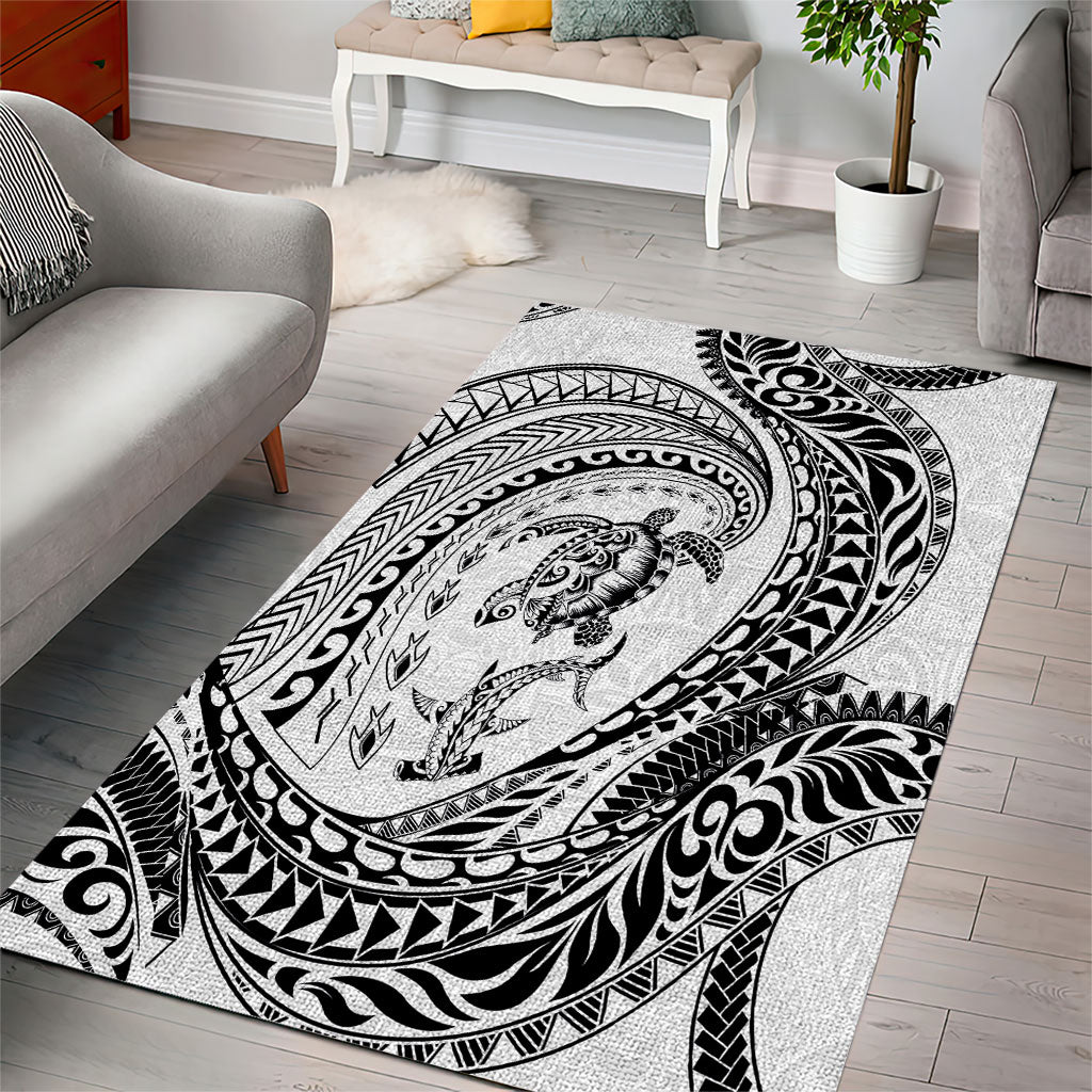 Hawaiian Turtle and Shark Area Rug Kakau Tribal with Polynesian Pattern White Color LT03 - Polynesian Pride