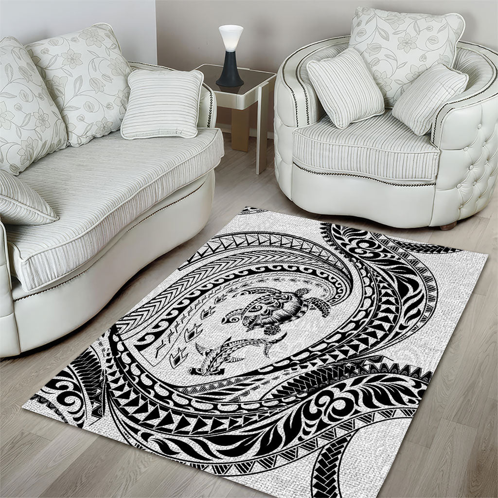 Hawaiian Turtle and Shark Area Rug Kakau Tribal with Polynesian Pattern White Color LT03 - Polynesian Pride