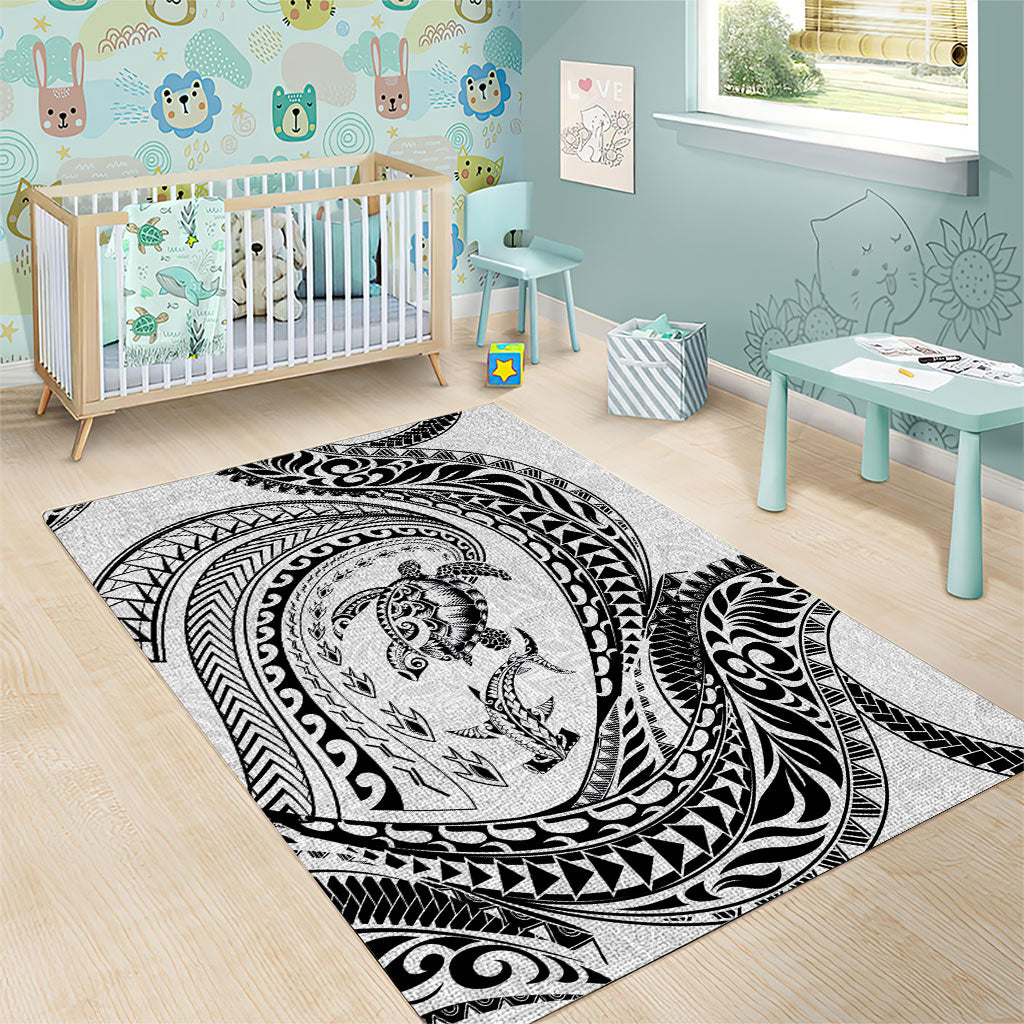 Hawaiian Turtle and Shark Area Rug Kakau Tribal with Polynesian Pattern White Color LT03 - Polynesian Pride